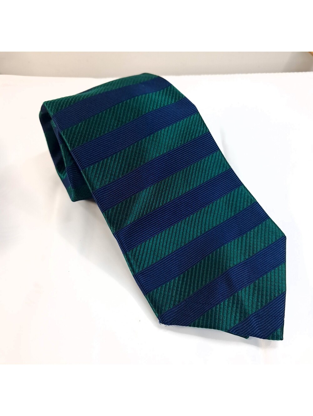 Lands' End mens tie green navy blue stripes striped Repp USA silk preppy Vintage